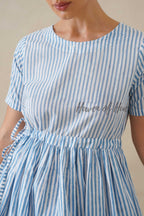 Navy Blue Floral Cotton Midi Dress - Indigo Boho Cottagecore Dress