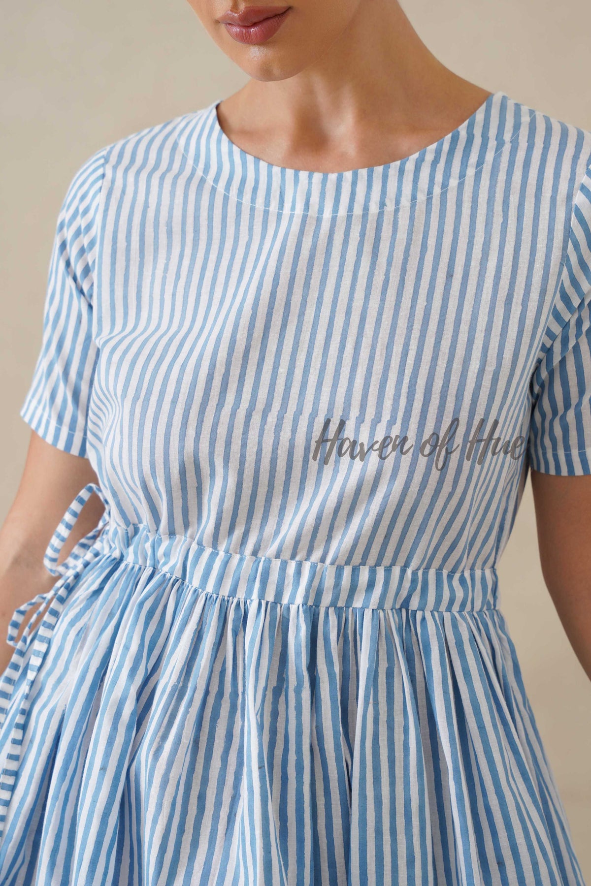 Navy Blue Floral Cotton Midi Dress - Indigo Boho Cottagecore Dress