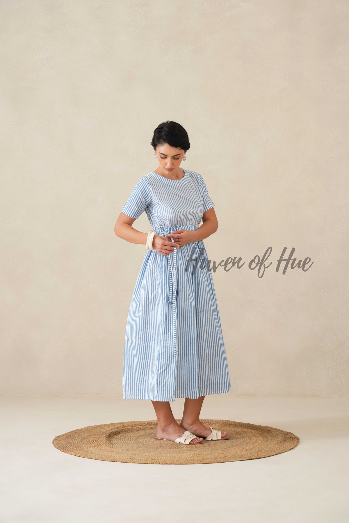 Navy Blue Floral Cotton Midi Dress - Indigo Boho Cottagecore Dress