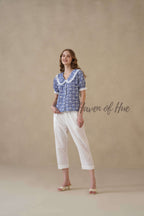 Women's Blue Floral Cotton Block Print Top with Lace Peter Pan Collar