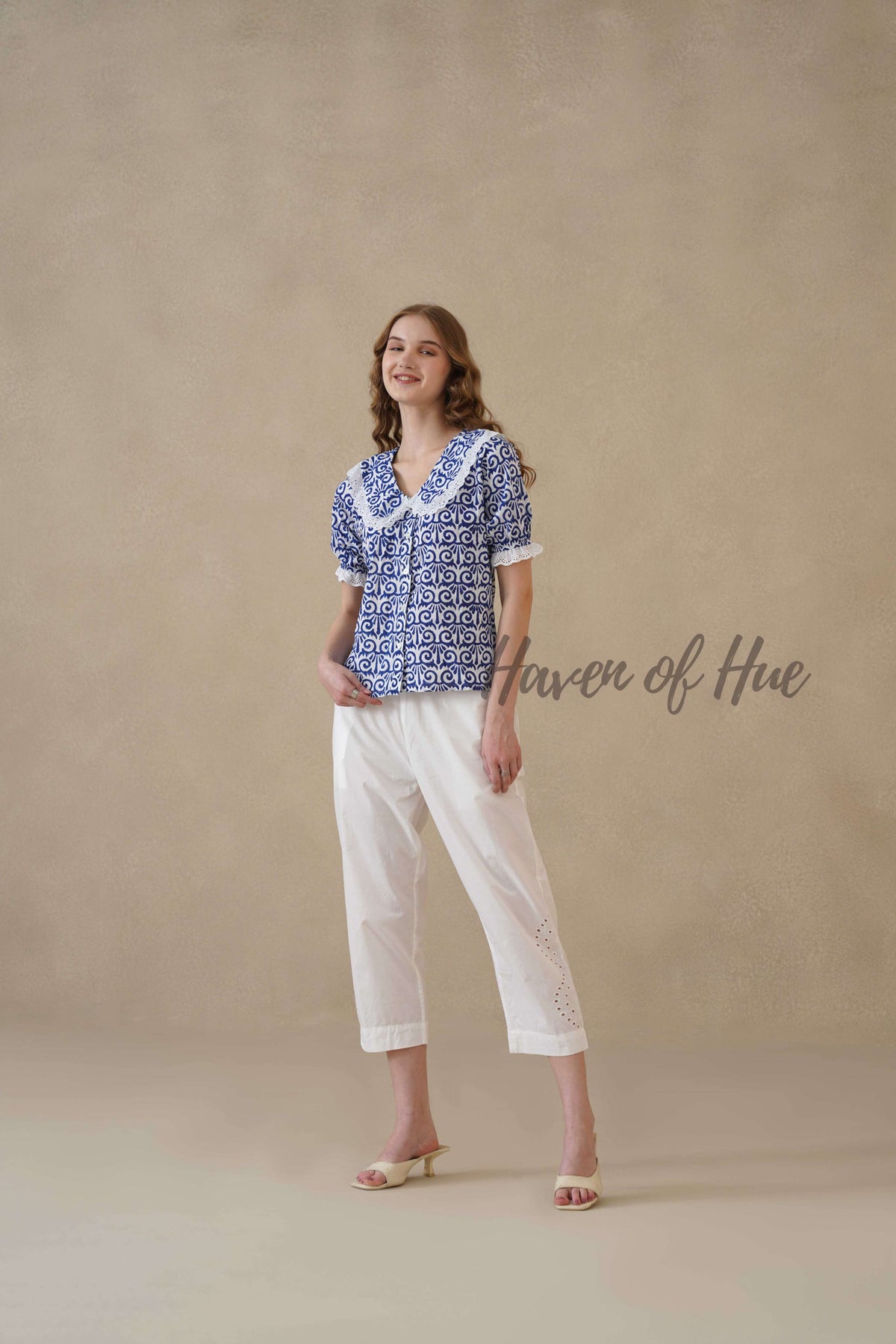 Women's Blue Floral Cotton Block Print Top with Lace Peter Pan Collar