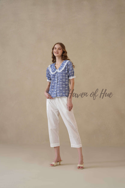 Women's Blue Floral Cotton Block Print Top with Lace Peter Pan Collar