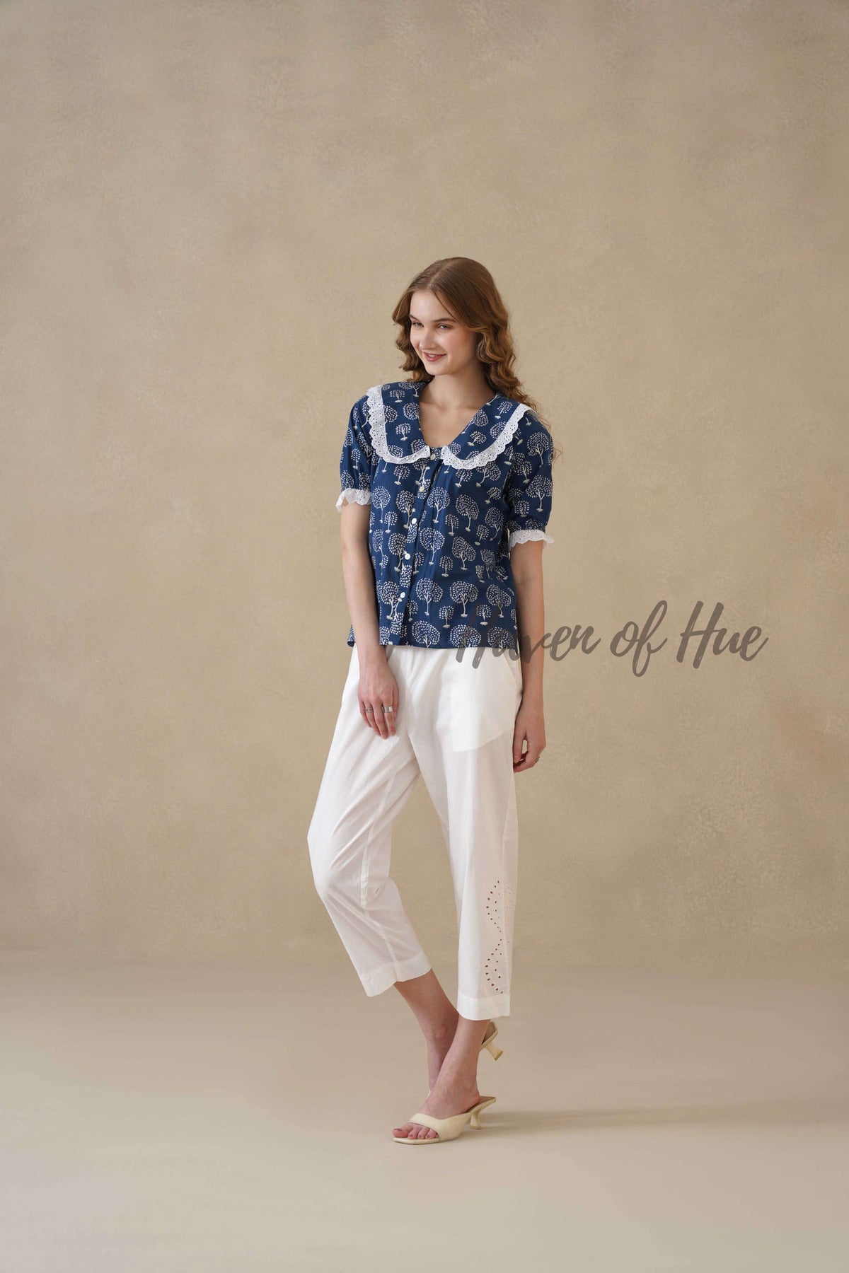 Women’s Indigo Blue Tree Print Cotton Top with Lace Peter Pan Collar