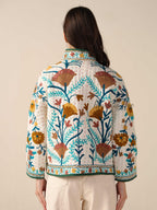 Hand Embroidered Suzani Kantha Jacket, White Quilted Cotton Women’s Jacket