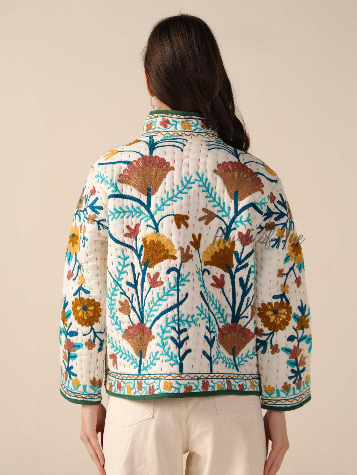 Hand Embroidered Suzani Kantha Jacket, White Quilted Cotton Women’s Jacket
