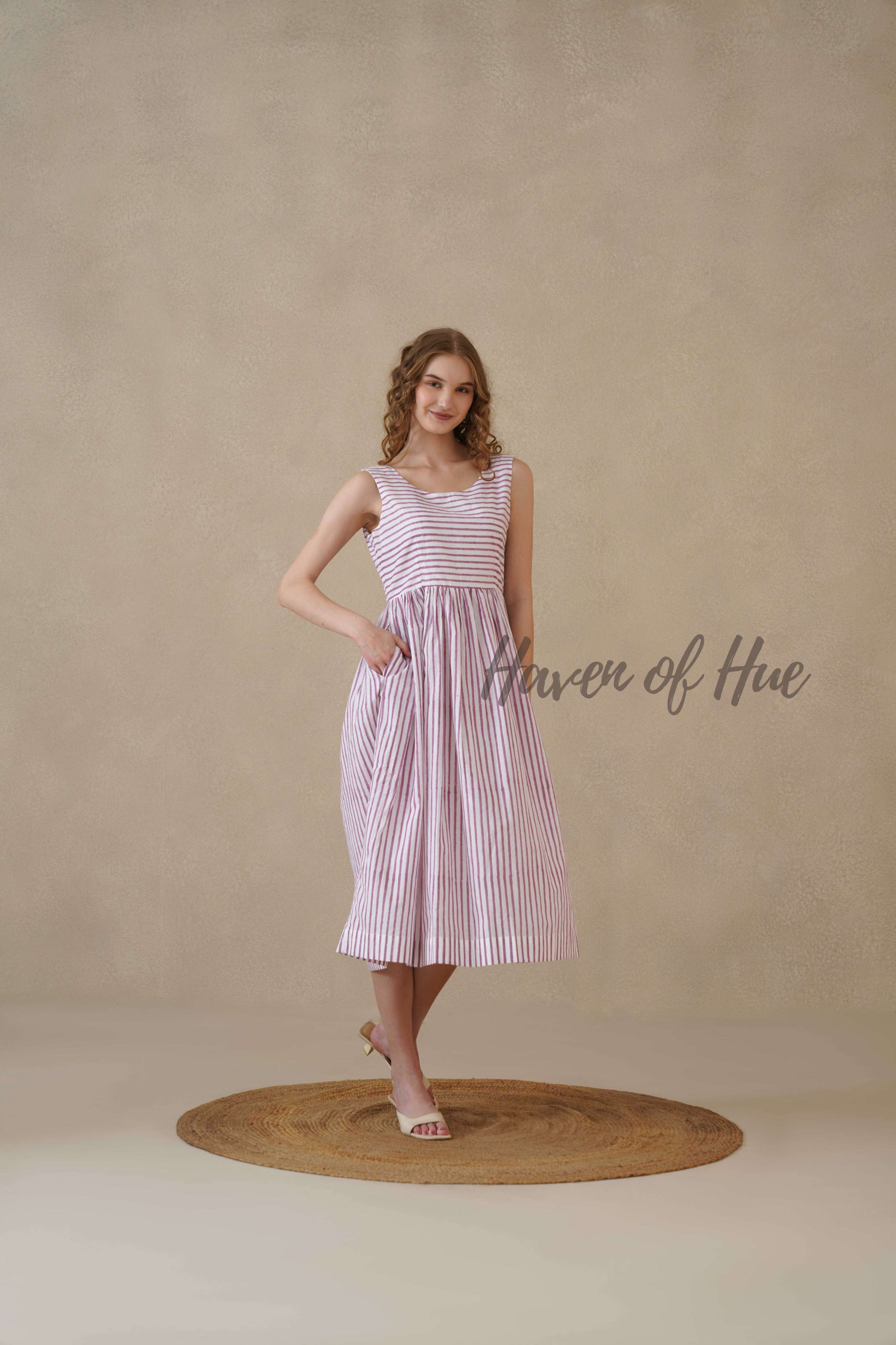 Purple Sleeveless Cotton Dress with Nautical Stripe Print