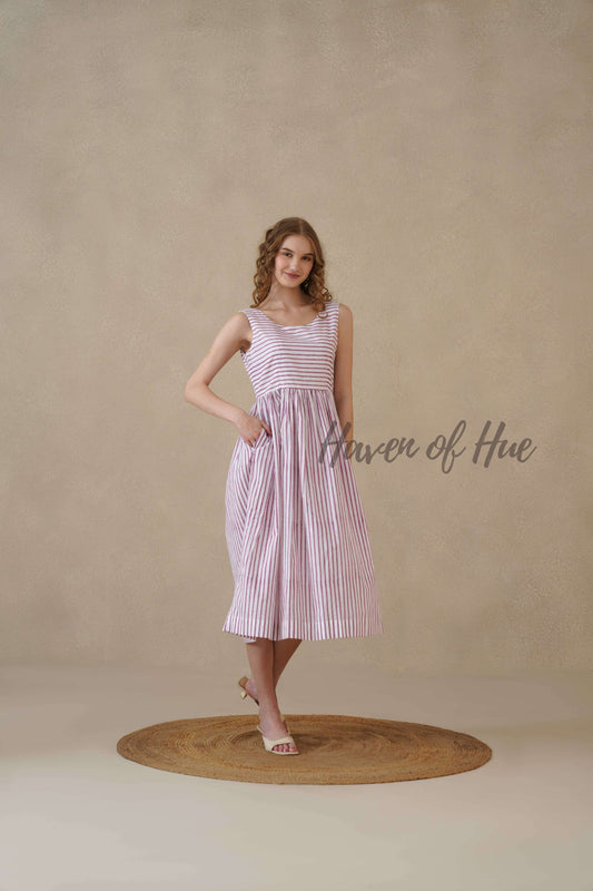 Purple Sleeveless Cotton Dress with Nautical Stripe Print