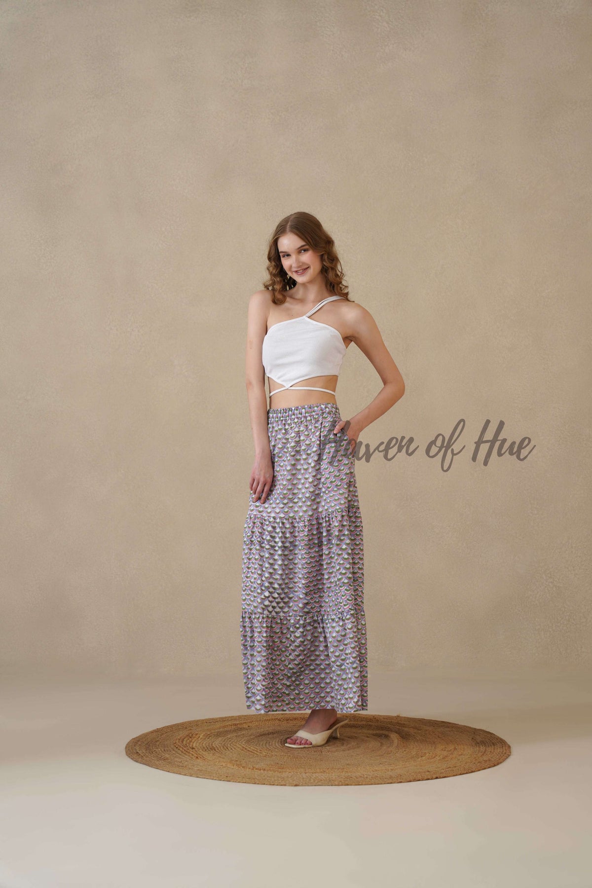 Women’s Purple Geometric Print Cotton Boho Tiered Maxi Skirt