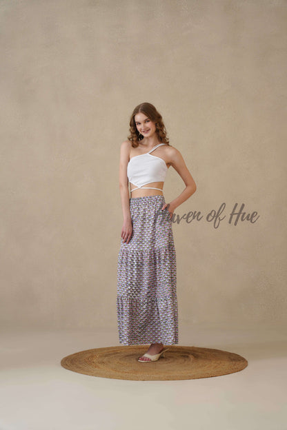 Women’s Purple Geometric Print Cotton Boho Tiered Maxi Skirt