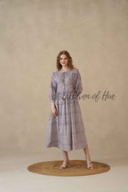 Purple Full Sleeve Cotton Dress with Scallop Print