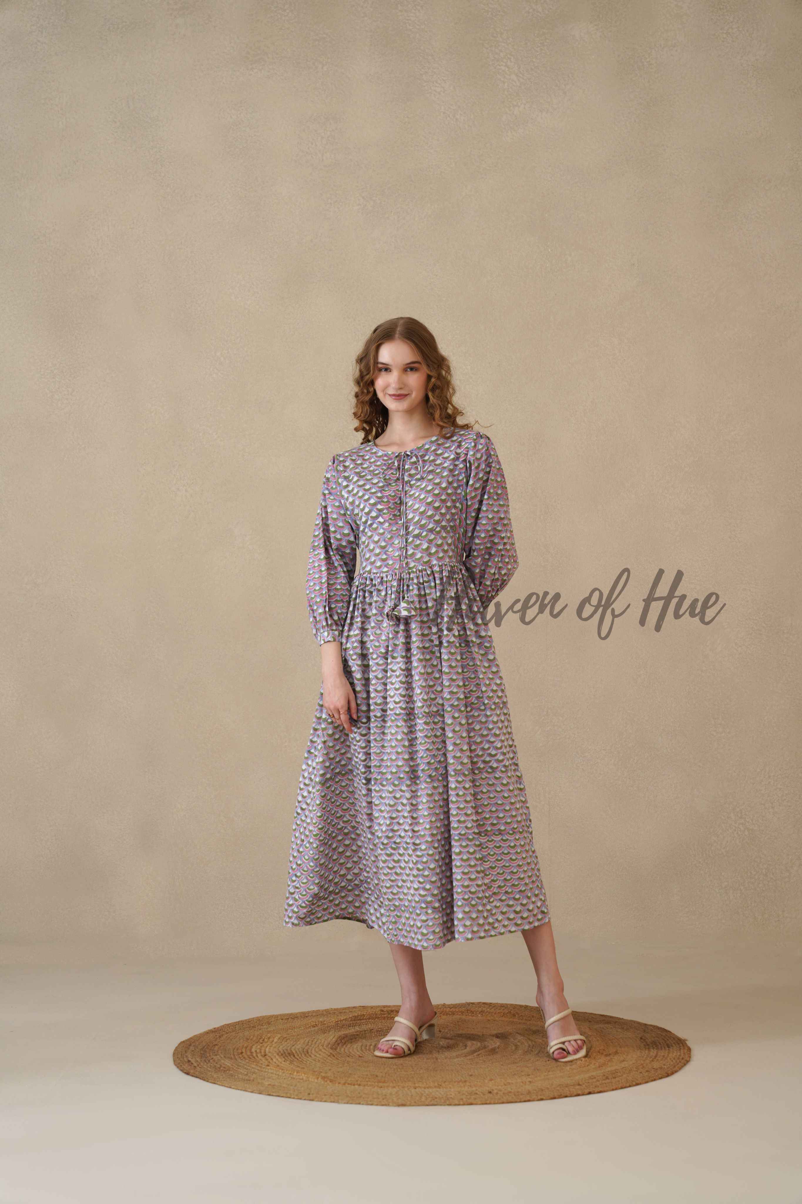 Purple Full Sleeve Cotton Dress with Scallop Print