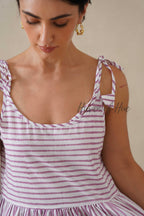 Purple Striped Cotton Dress | Tie Shoulder Summer Midi Dress