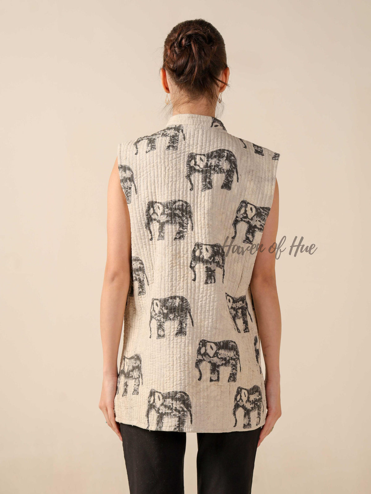Elephant Print Quilted Cotton Vest Jacket Handmade Block Print Sleeveless Winter Jacket