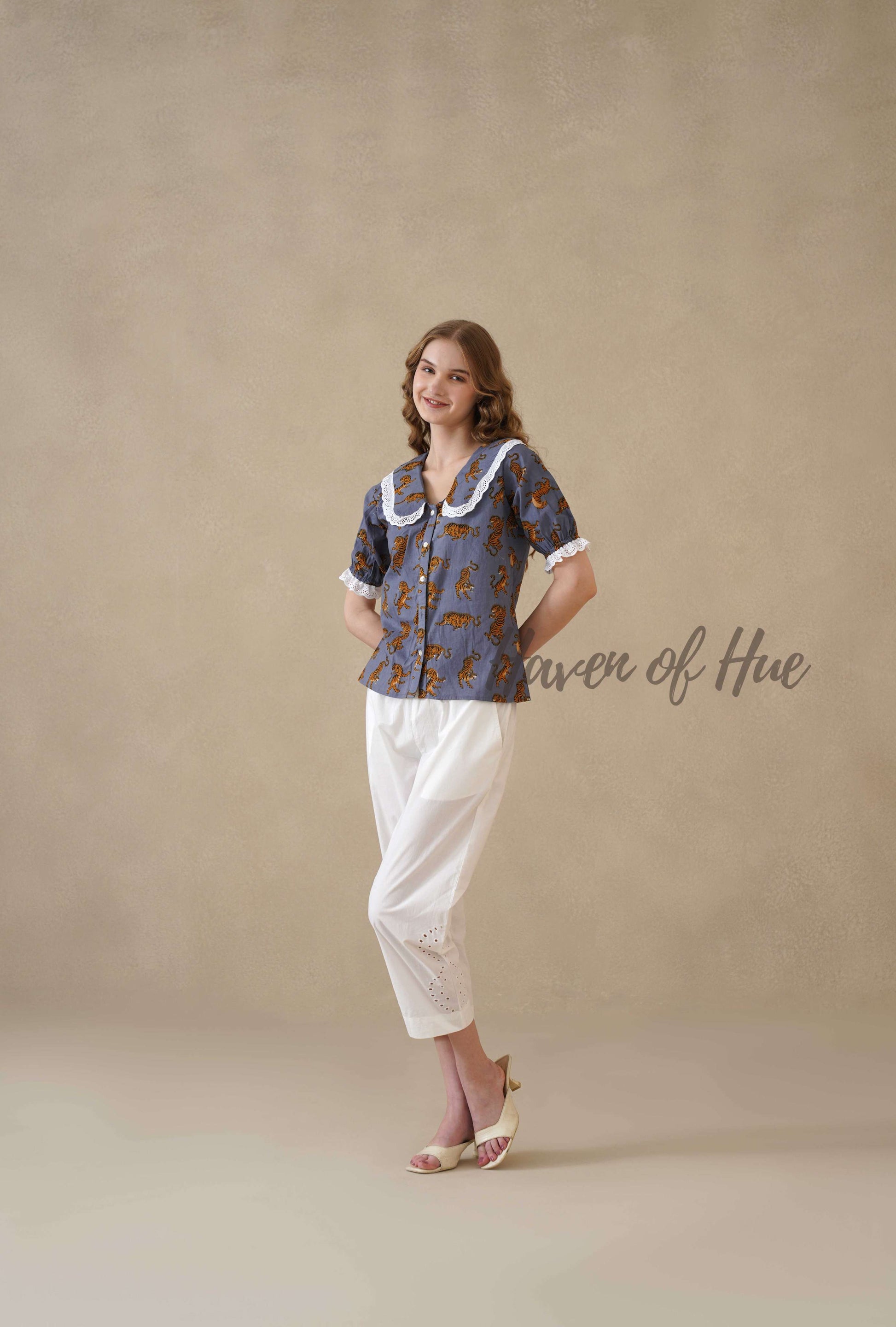 Women's Leopard Block Printed Cotton Blouse with Lace Peter Pan Collar