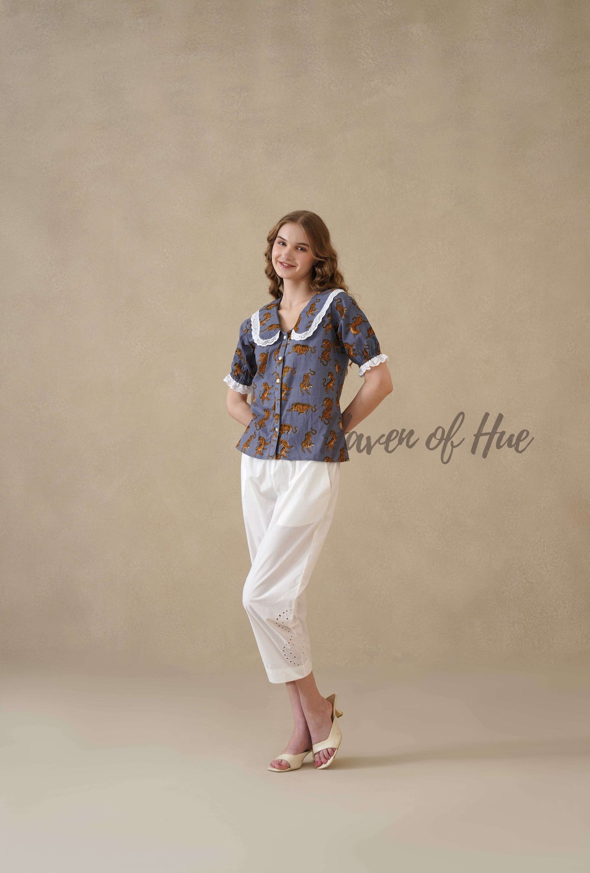 Women's Leopard Block Printed Cotton Blouse with Lace Peter Pan Collar
