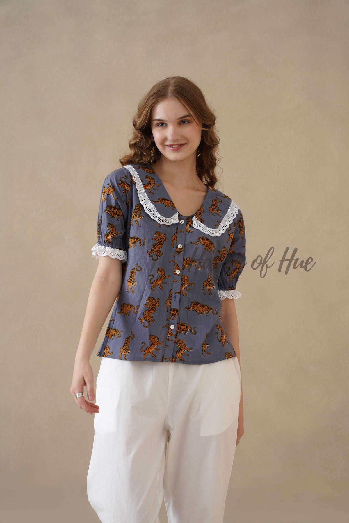 Women's Leopard Block Printed Cotton Blouse with Lace Peter Pan Collar