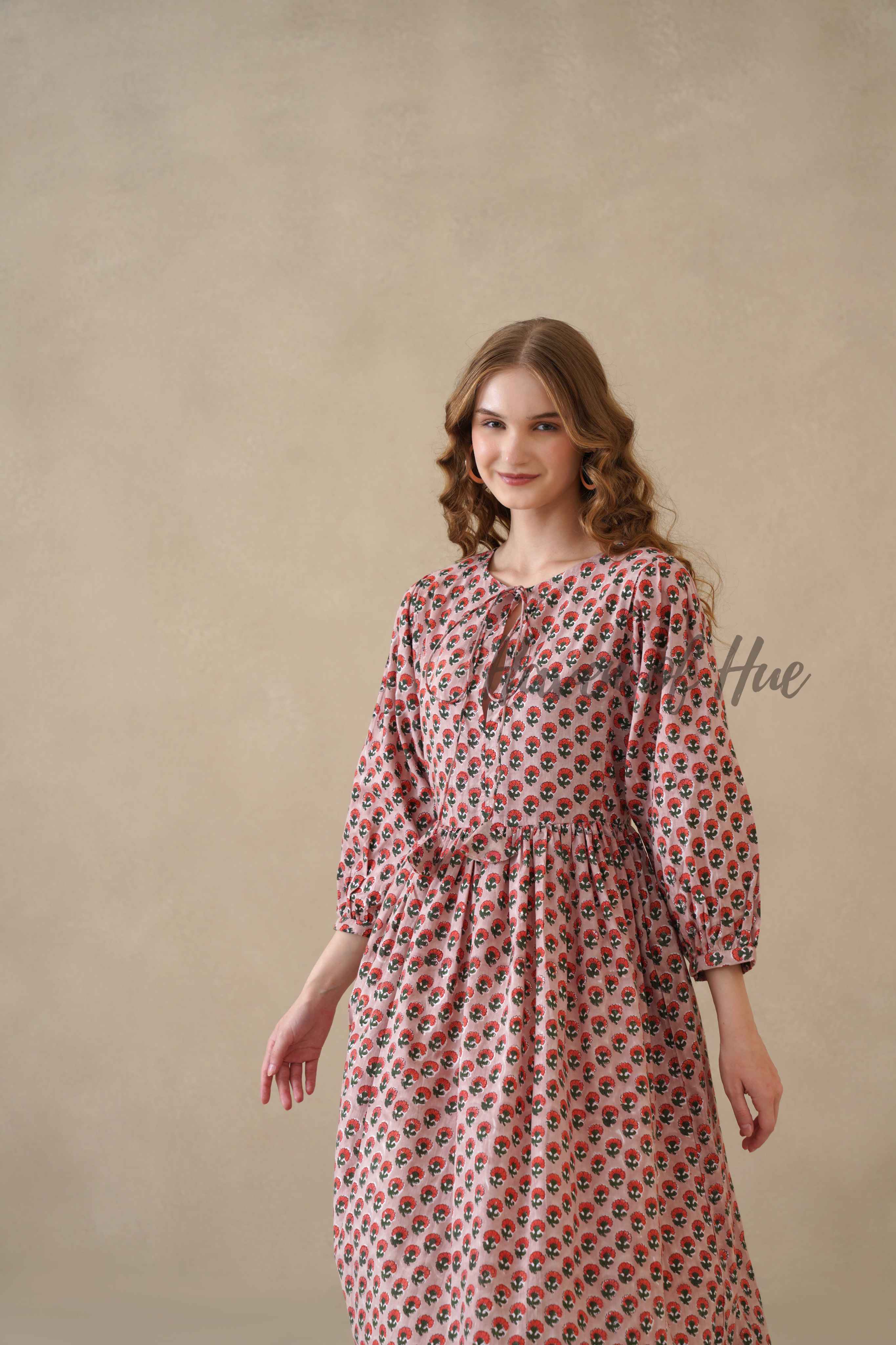 Red Floral Cotton Midi Dress with Long Sleeves