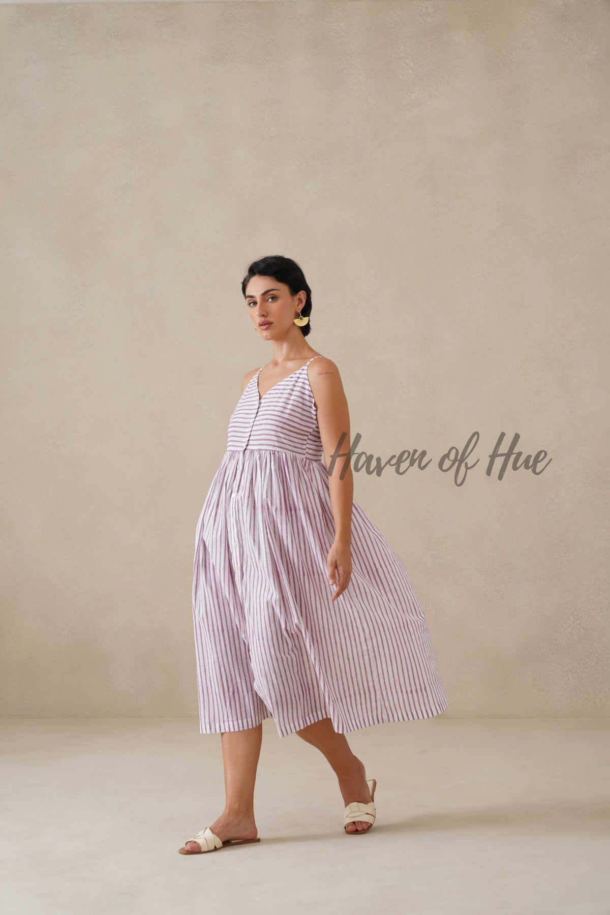 Purple Striped Cotton Dress | Sleeveless Button Down Midi Dress