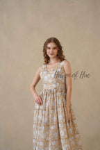 Brown Sleeveless Cotton Dress with White Floral Print