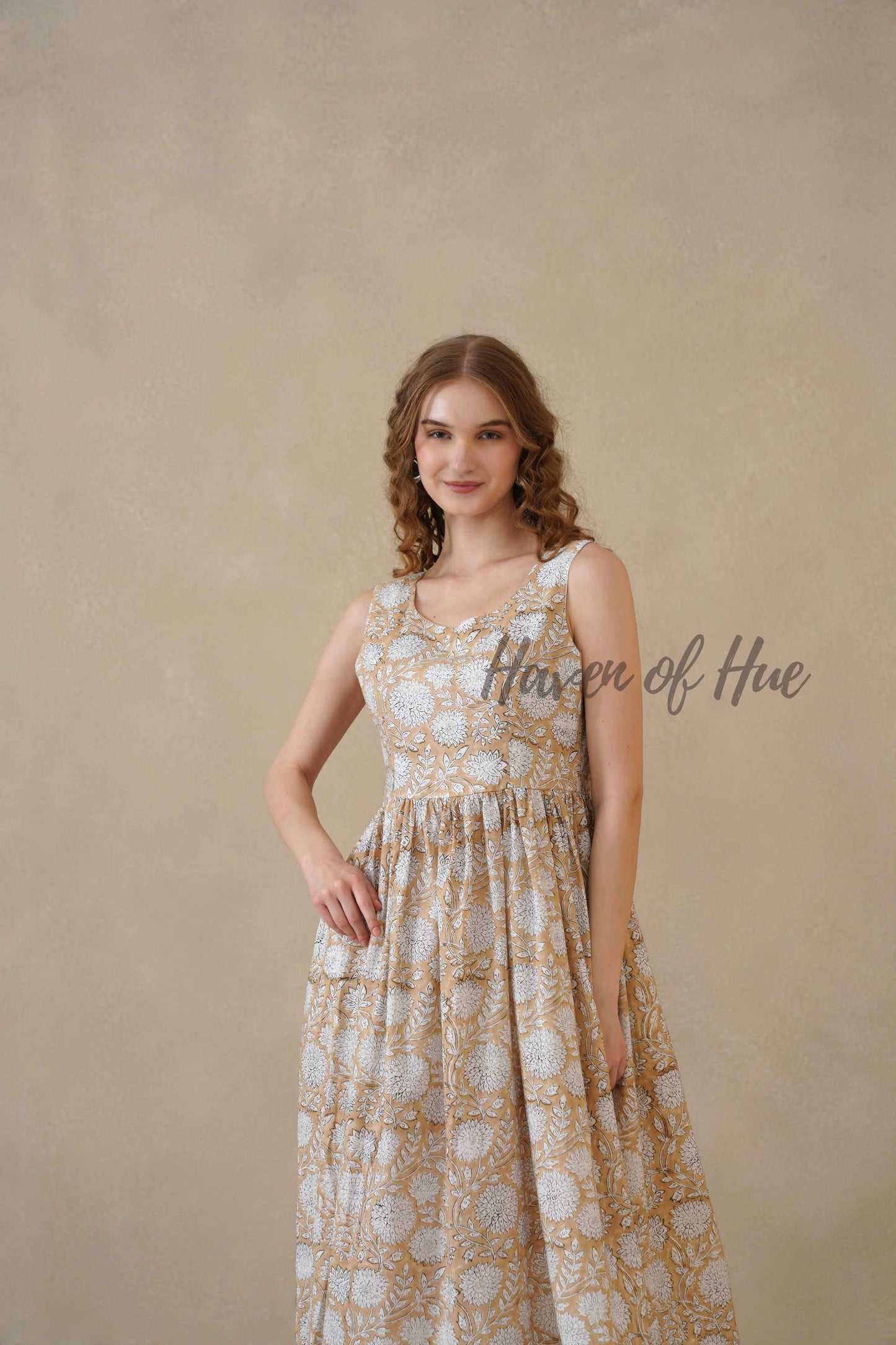 Brown Sleeveless Cotton Dress with White Floral Print