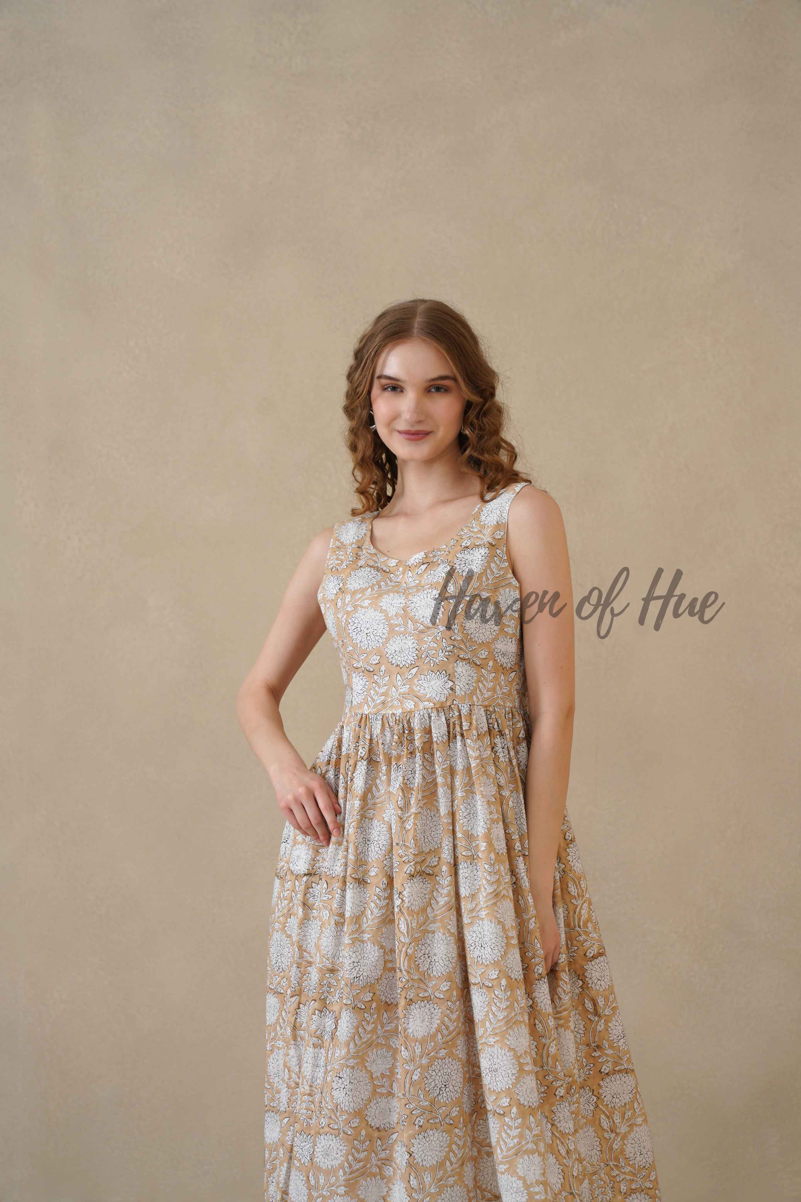 Brown Sleeveless Cotton Dress with White Floral Print