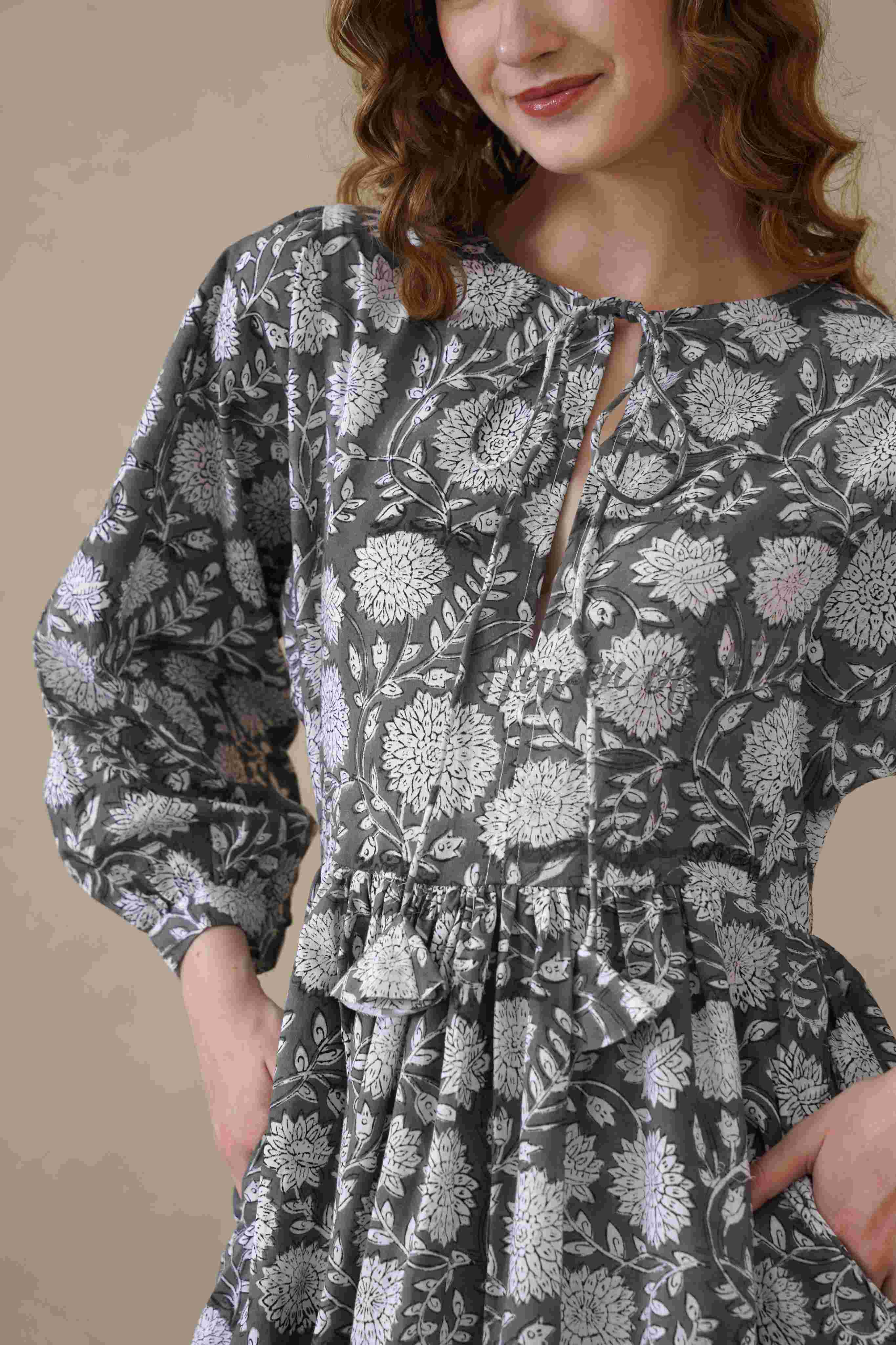 Black Floral Cotton Dress with Full Sleeve Detail
