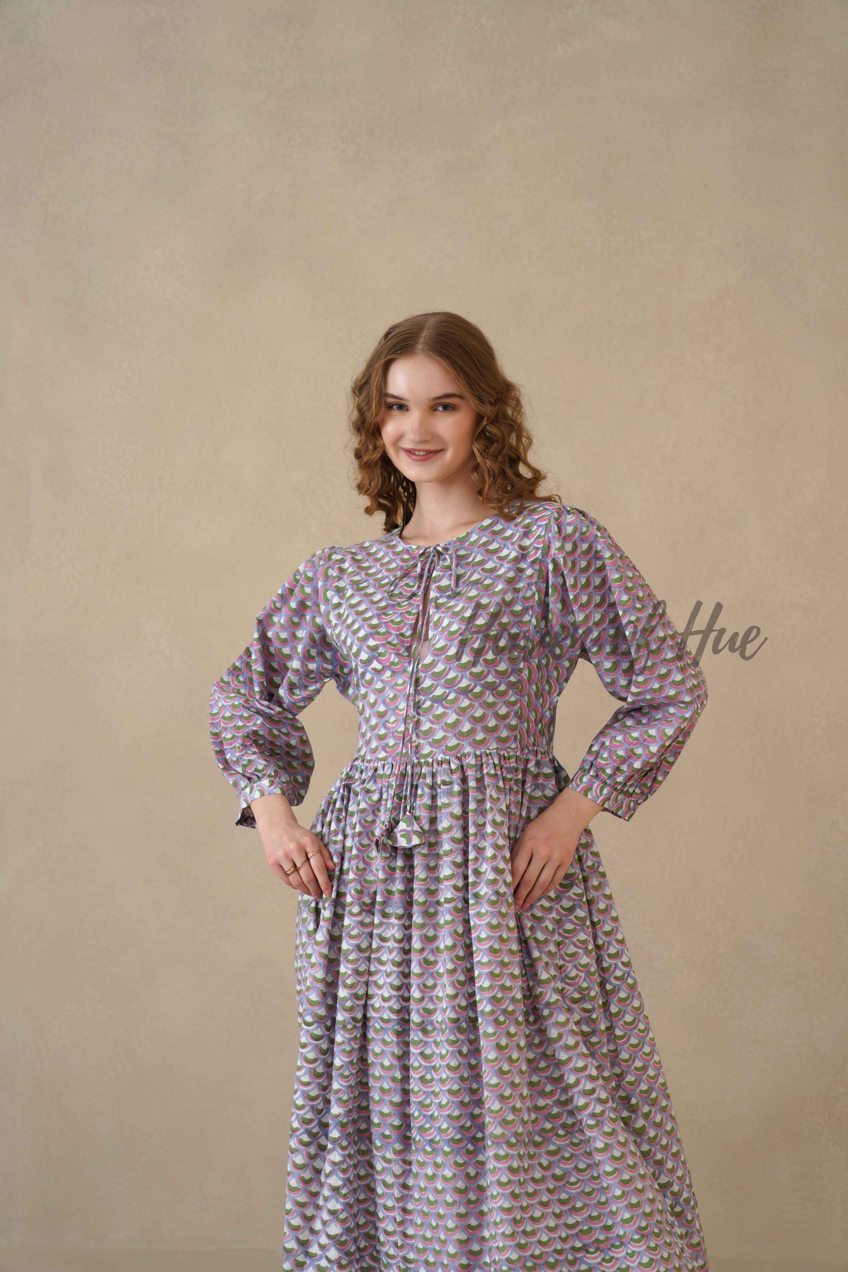 Purple Full Sleeve Cotton Dress with Scallop Print