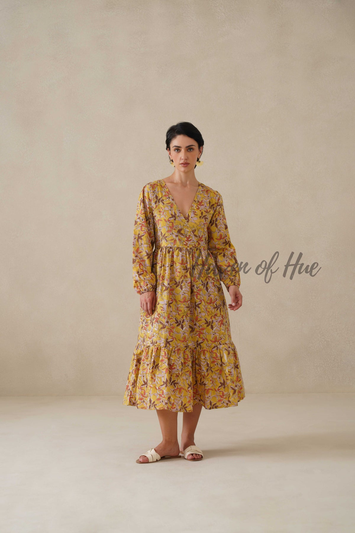 Yellow Floral Cotton Dress | Long Sleeve V-Neck Midi Dress