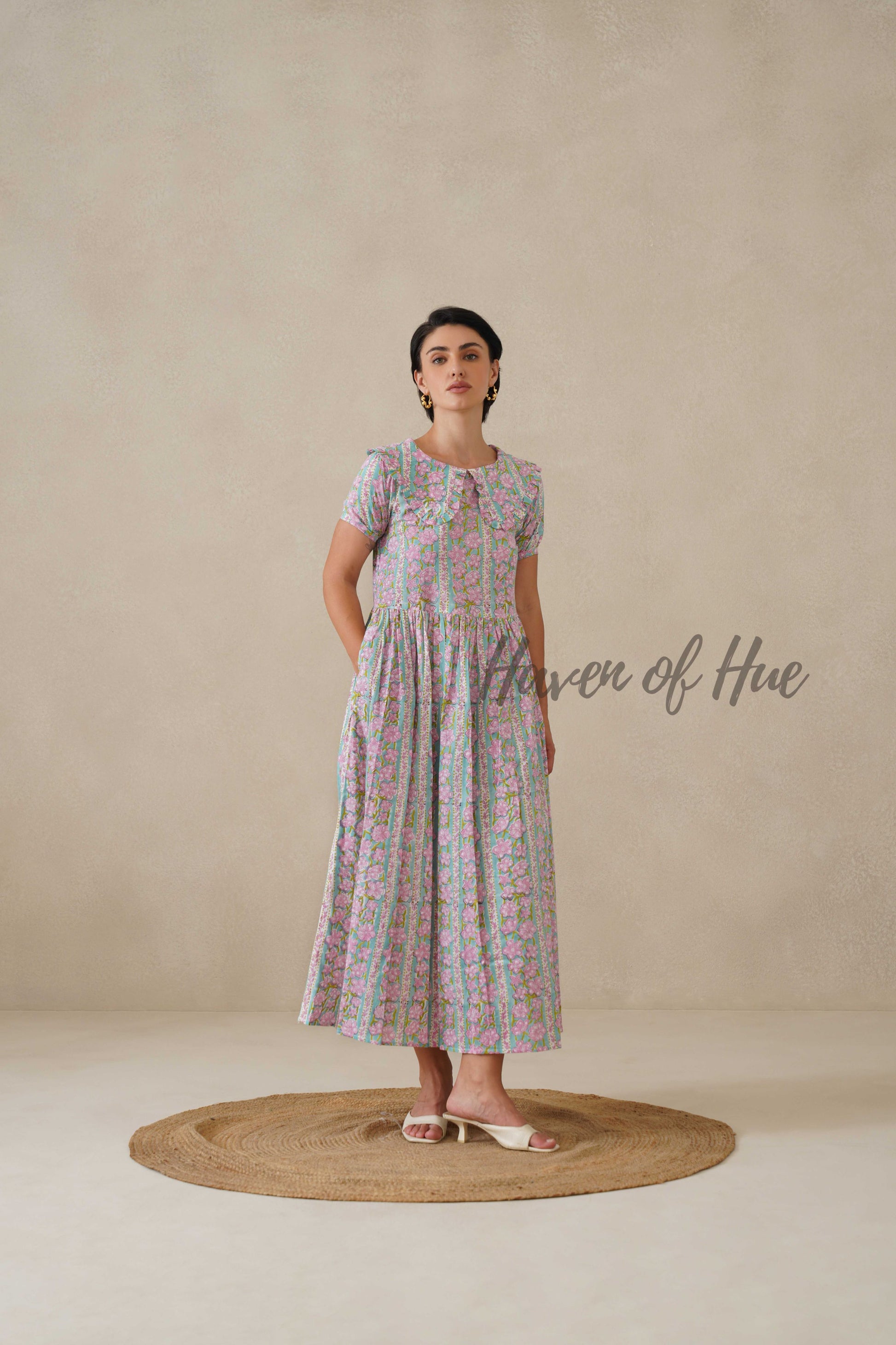 Pink Floral Cotton Dress | Vintage Ruffle Collar Midi Dress | Boho Summer Short Sleeve Relaxed Fit Smock Dress