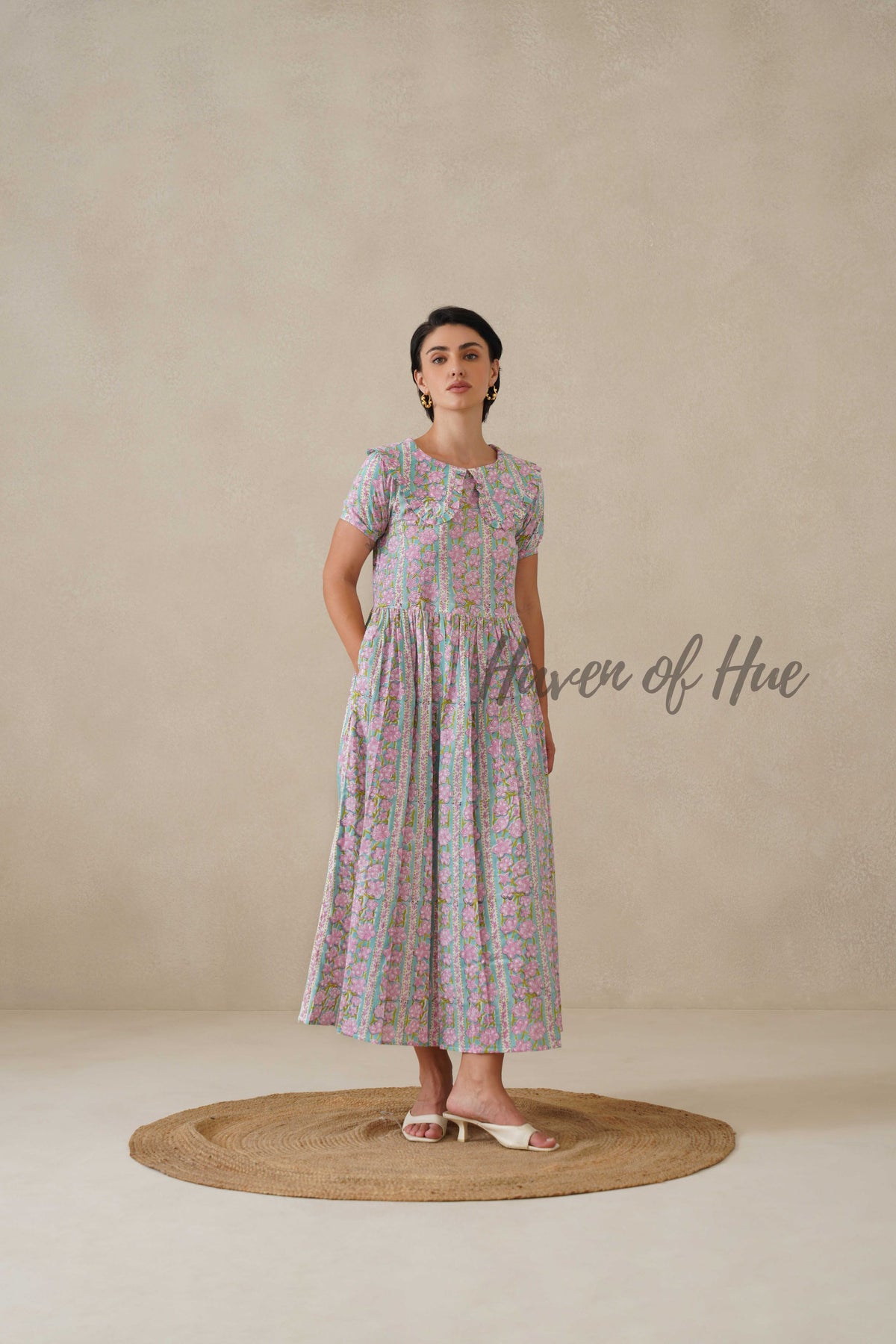 Pink Floral Cotton Dress | Vintage Ruffle Collar Midi Dress | Boho Summer Short Sleeve Relaxed Fit Smock Dress