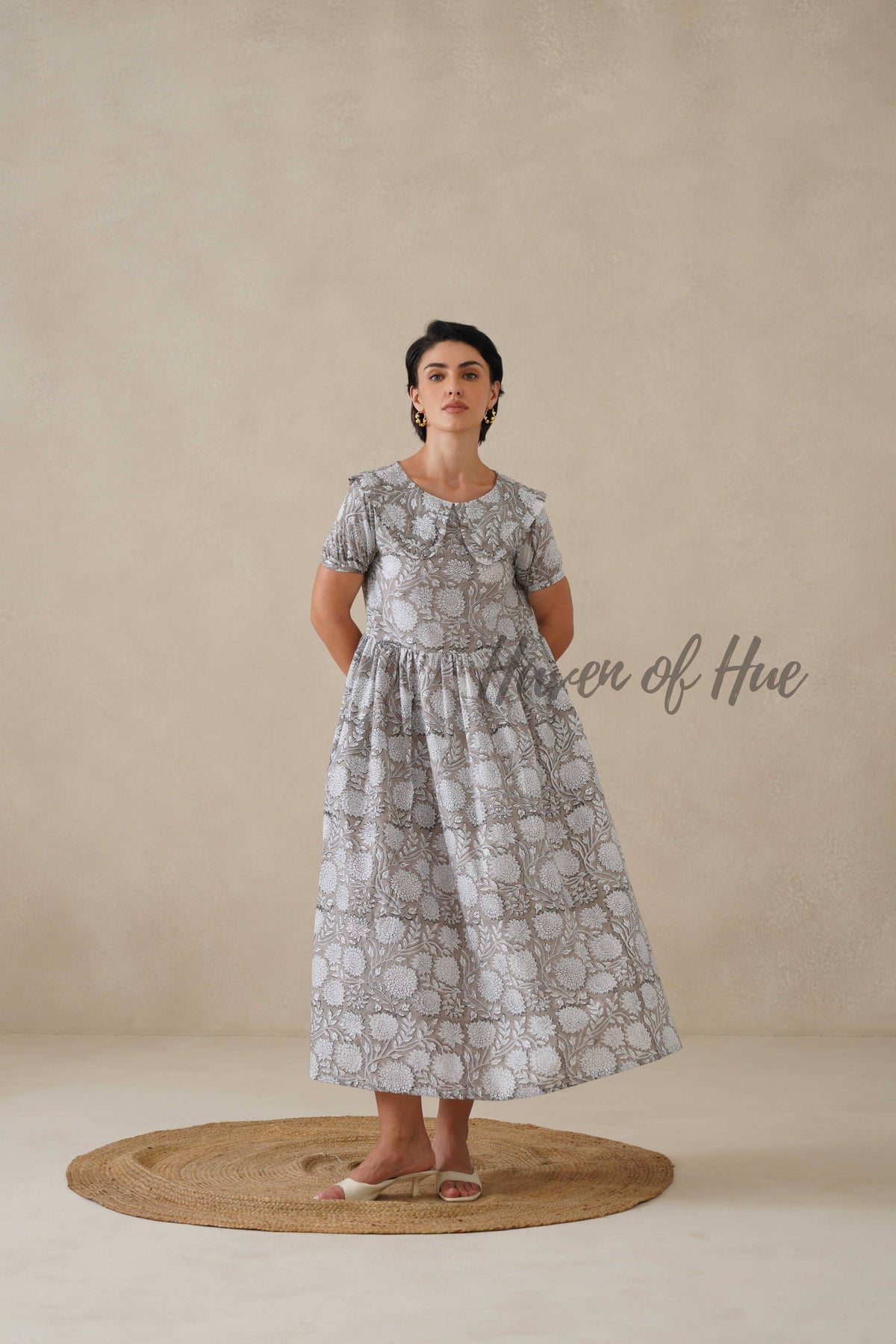 Grey Floral Cotton Dress | Vintage Ruffle Collar Midi Dress