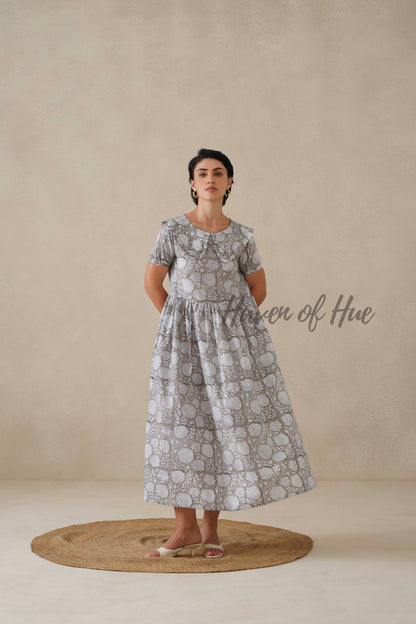 Grey Floral Cotton Dress | Vintage Ruffle Collar Midi Dress