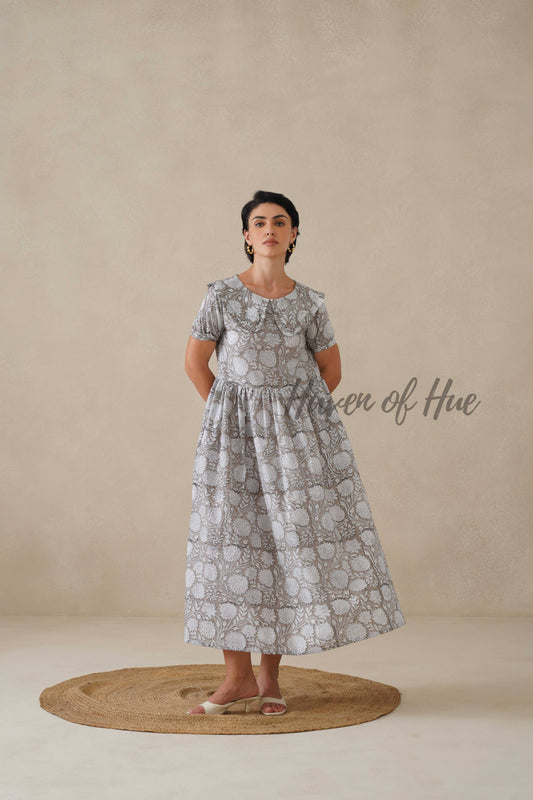 Grey Floral Cotton Dress | Vintage Ruffle Collar Midi Dress