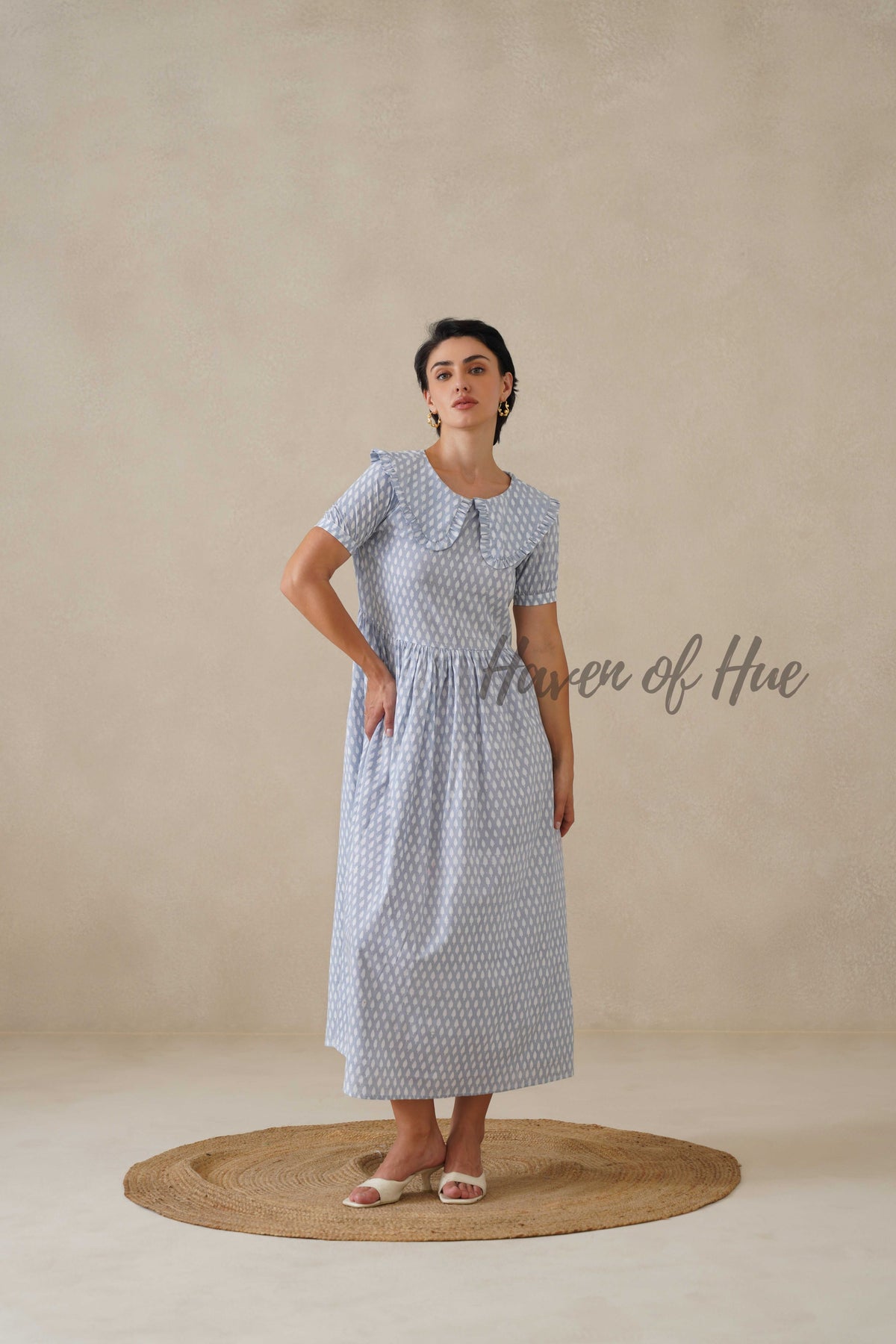 Blue Printed Cotton Dress | Vintage Ruffle Collar Midi Dress
