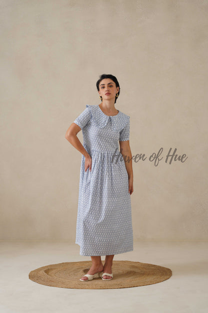 Blue Printed Cotton Dress | Vintage Ruffle Collar Midi Dress