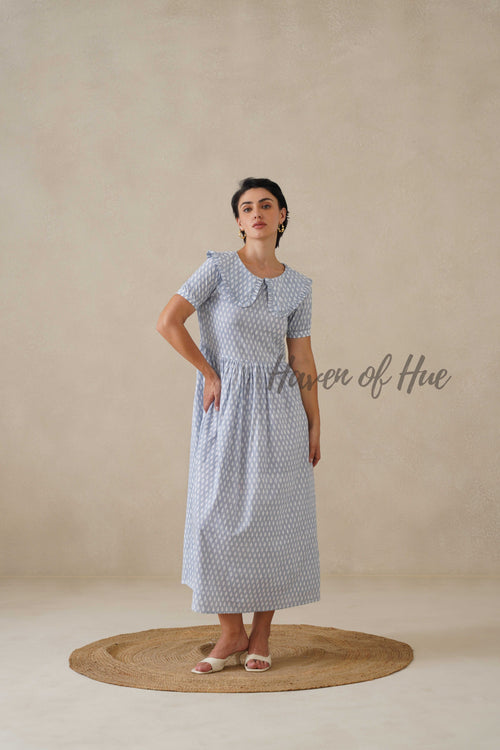 Blue Printed Cotton Dress | Vintage Ruffle Collar Midi Dress