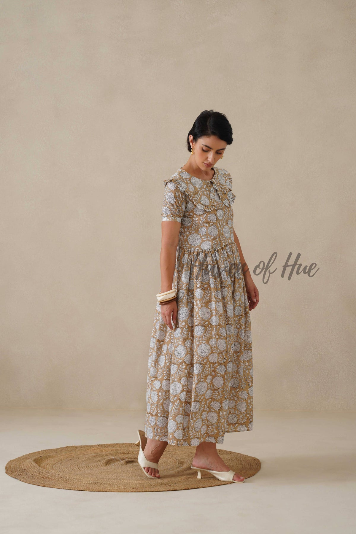 Beige Floral Cotton Dress | Vintage Ruffle Collar Midi Dress