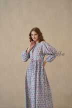 Green Full Sleeve Cotton Dress with Floral Print