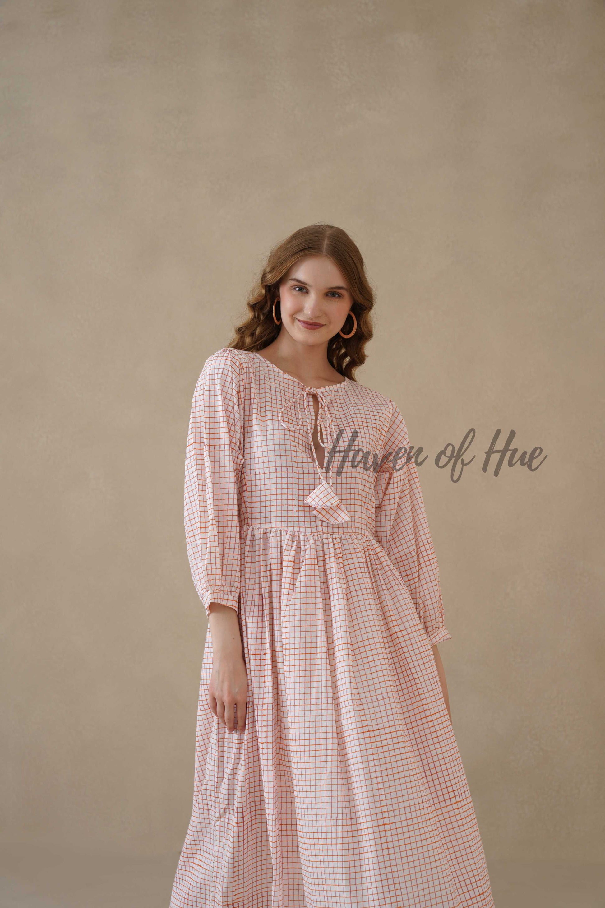 Orange Cotton Tiered Dress – Boho Floral Short Sleeve Midi