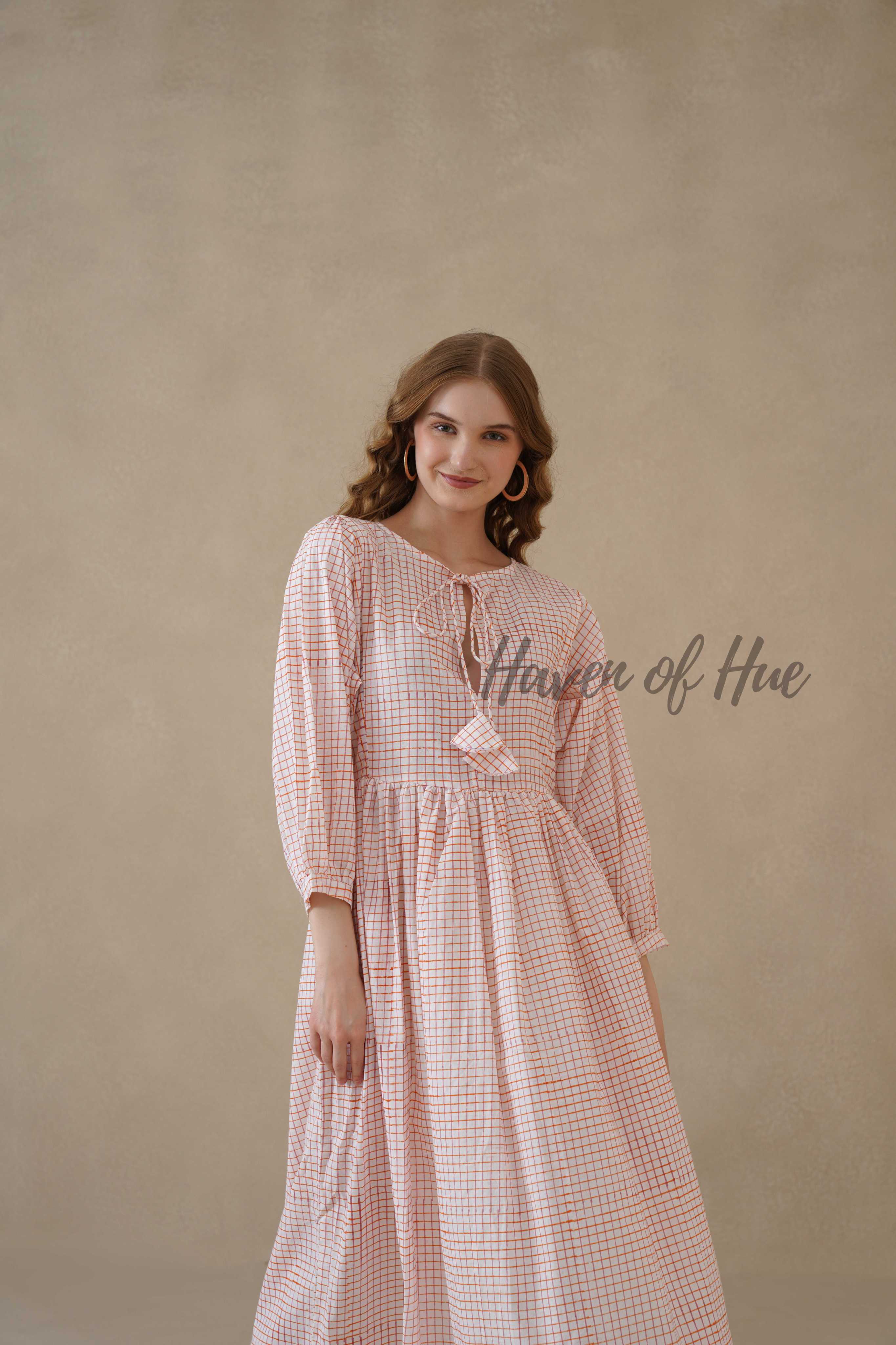 Orange Cotton Tiered Dress – Boho Floral Short Sleeve Midi