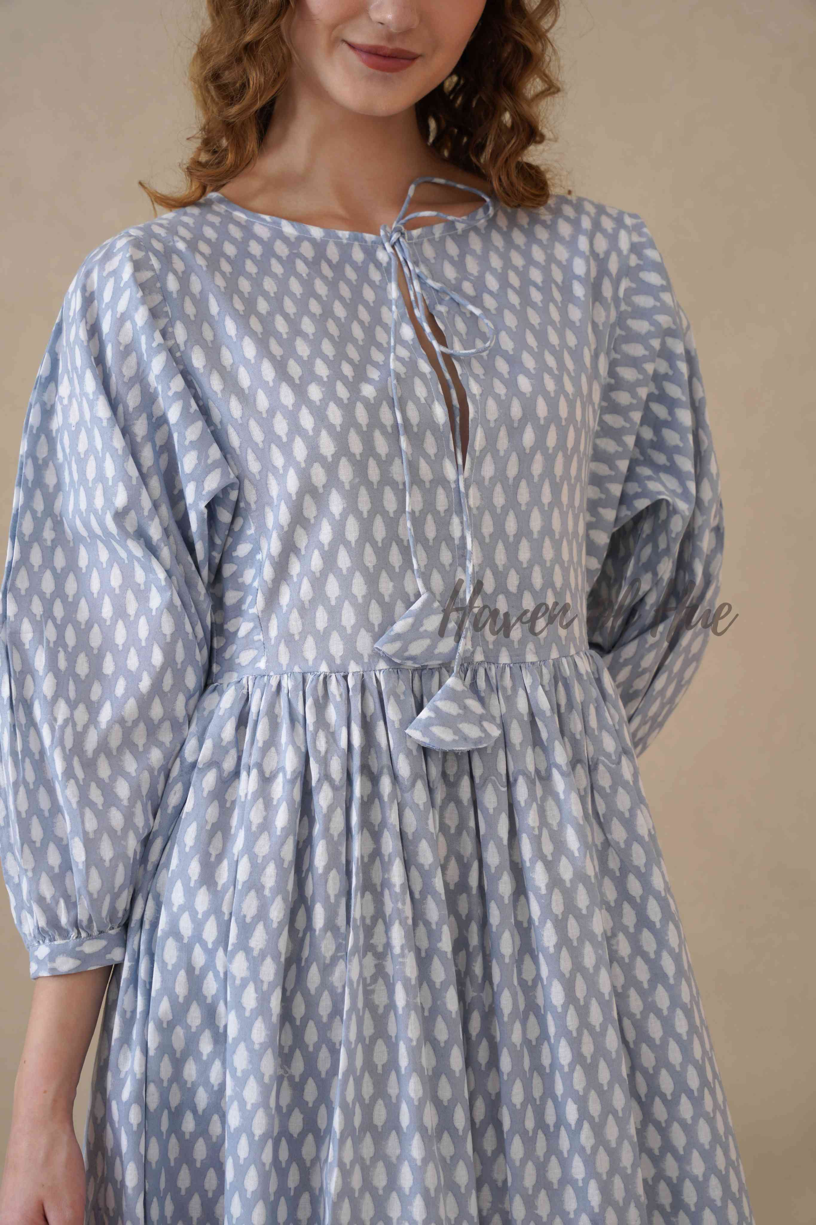 Blue Full Sleeve Cotton Dress with Geometric Print