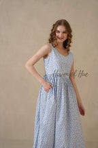 Blue Sleeveless Cotton Dress with White Floral Print