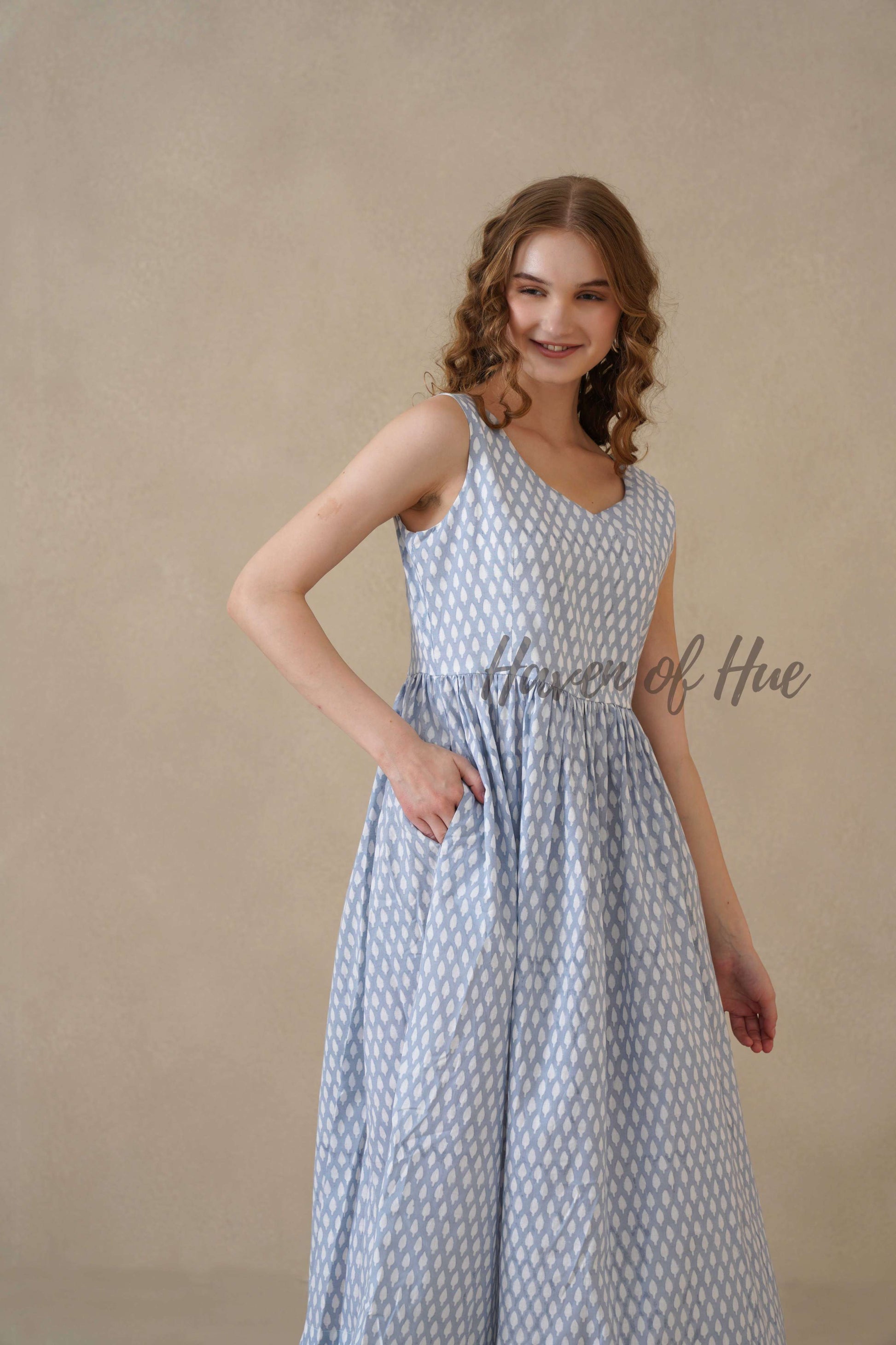 Blue Sleeveless Cotton Dress with White Floral Print