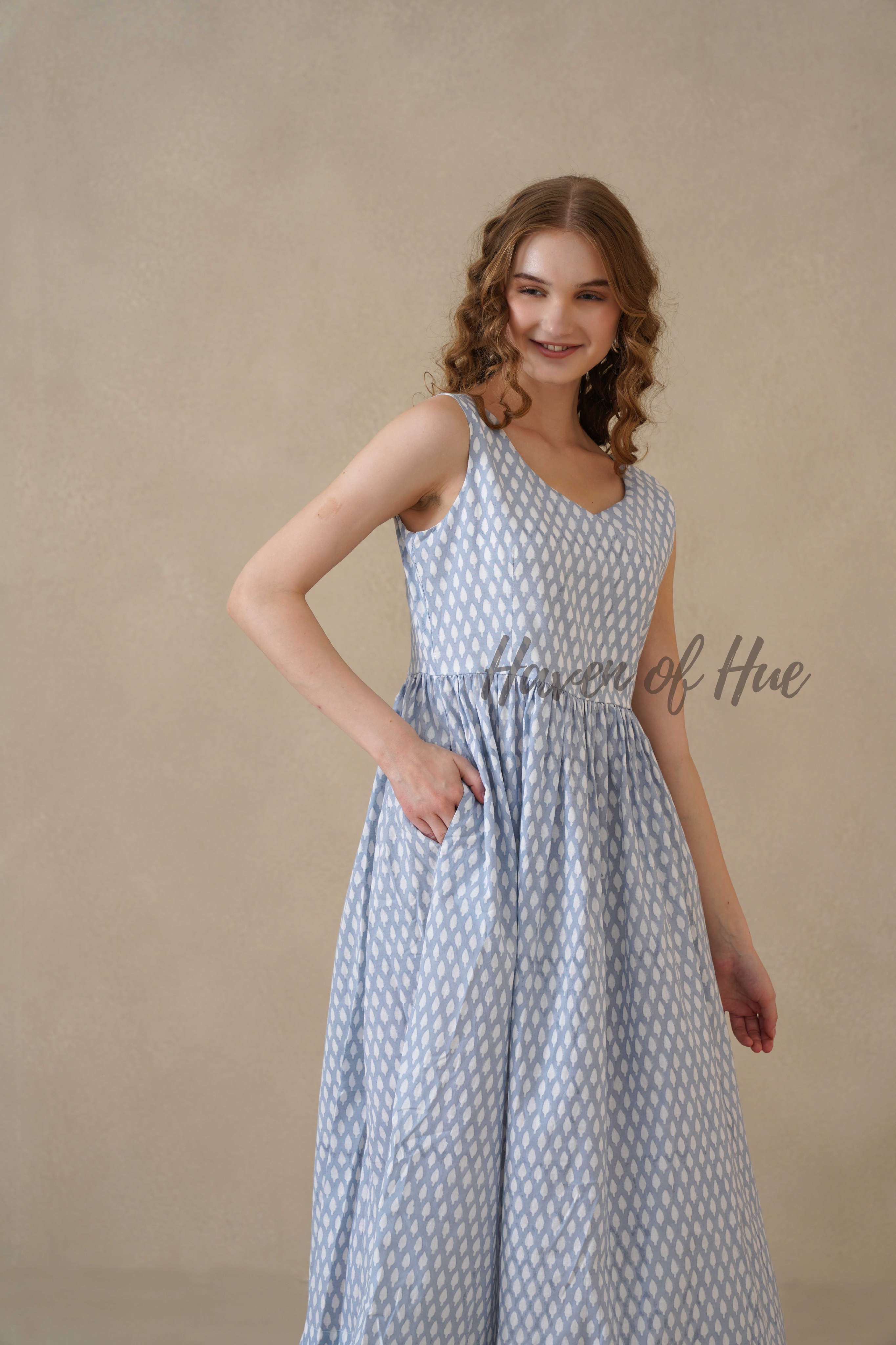 Blue Sleeveless Cotton Dress with White Floral Print