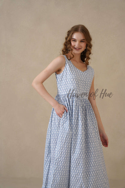 Blue Sleeveless Cotton Dress with White Floral Print