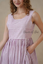 Purple Sleeveless Cotton Dress with Nautical Stripe Print