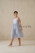 Blue Printed Cotton Dress | Tie Shoulder Summer Midi Dress