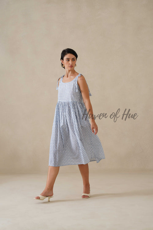Blue Printed Cotton Dress | Tie Shoulder Summer Midi Dress