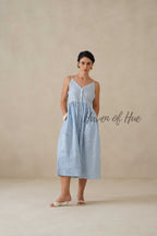 Blue Striped Cotton Dress | Sleeveless Button Down Midi Dress