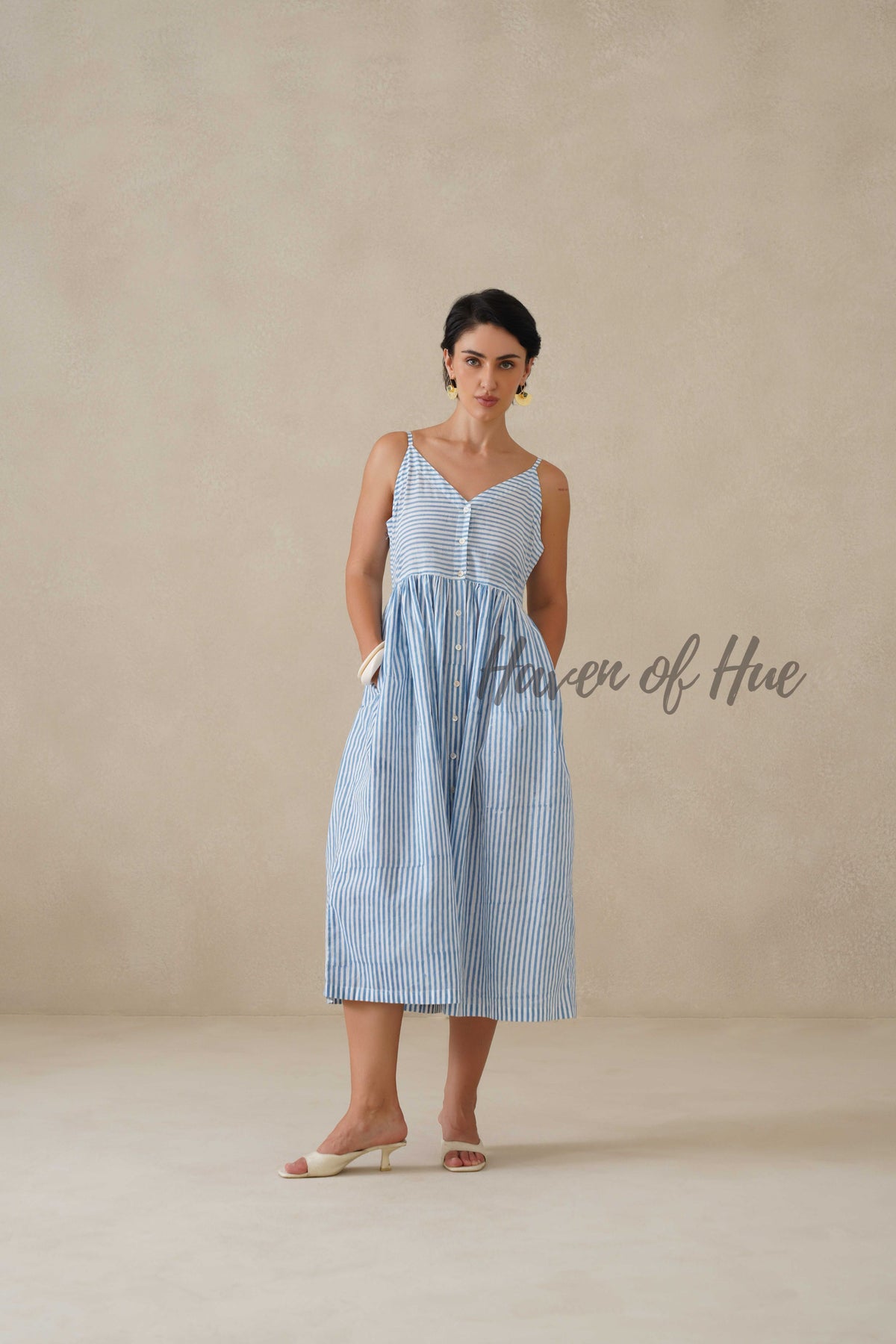 Blue Striped Cotton Dress | Sleeveless Button Down Midi Dress